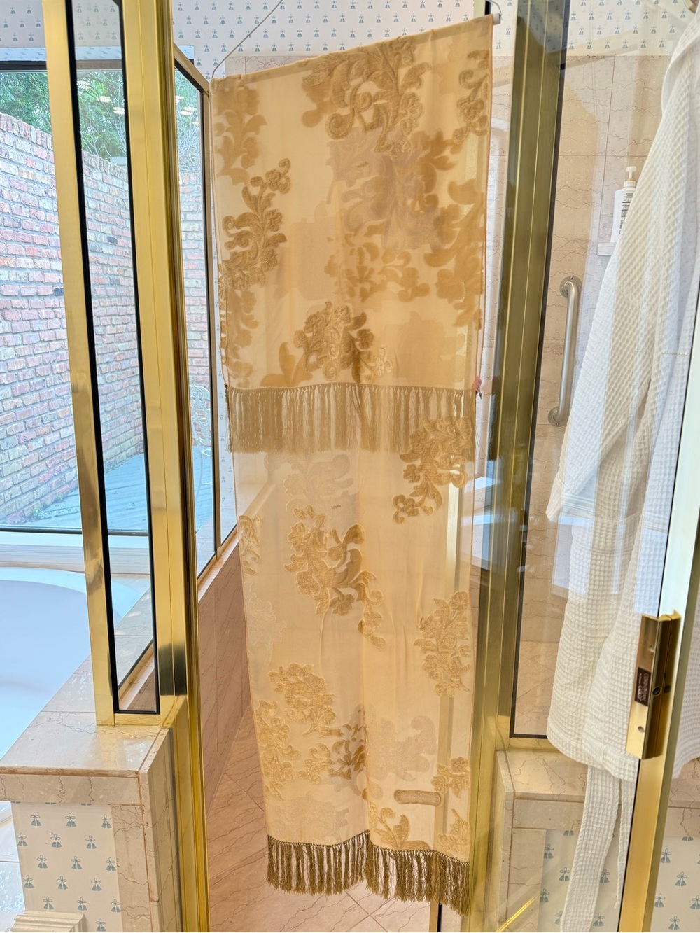 Salvatore Ferragamo Beige and Tan Sheer Logo-Trim Scarf w/ hand tied silk fringe - Picture 2 of 6